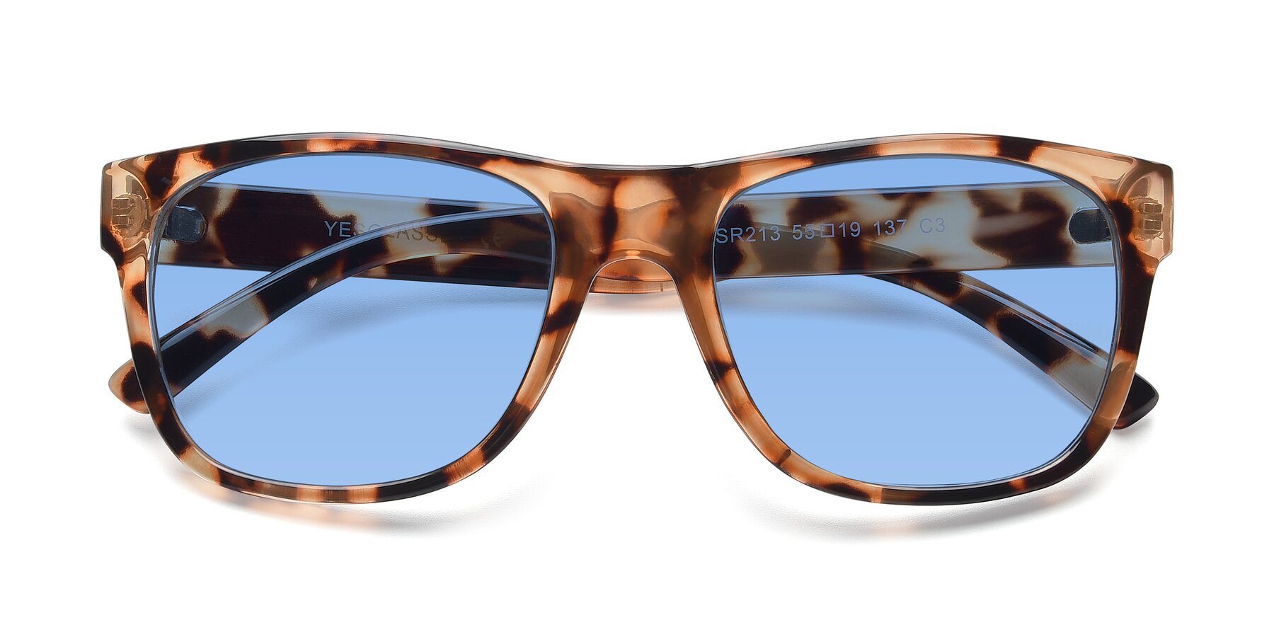 Folded Front of SSR213 in Translucent Tortoise with Medium Blue Tinted Lenses