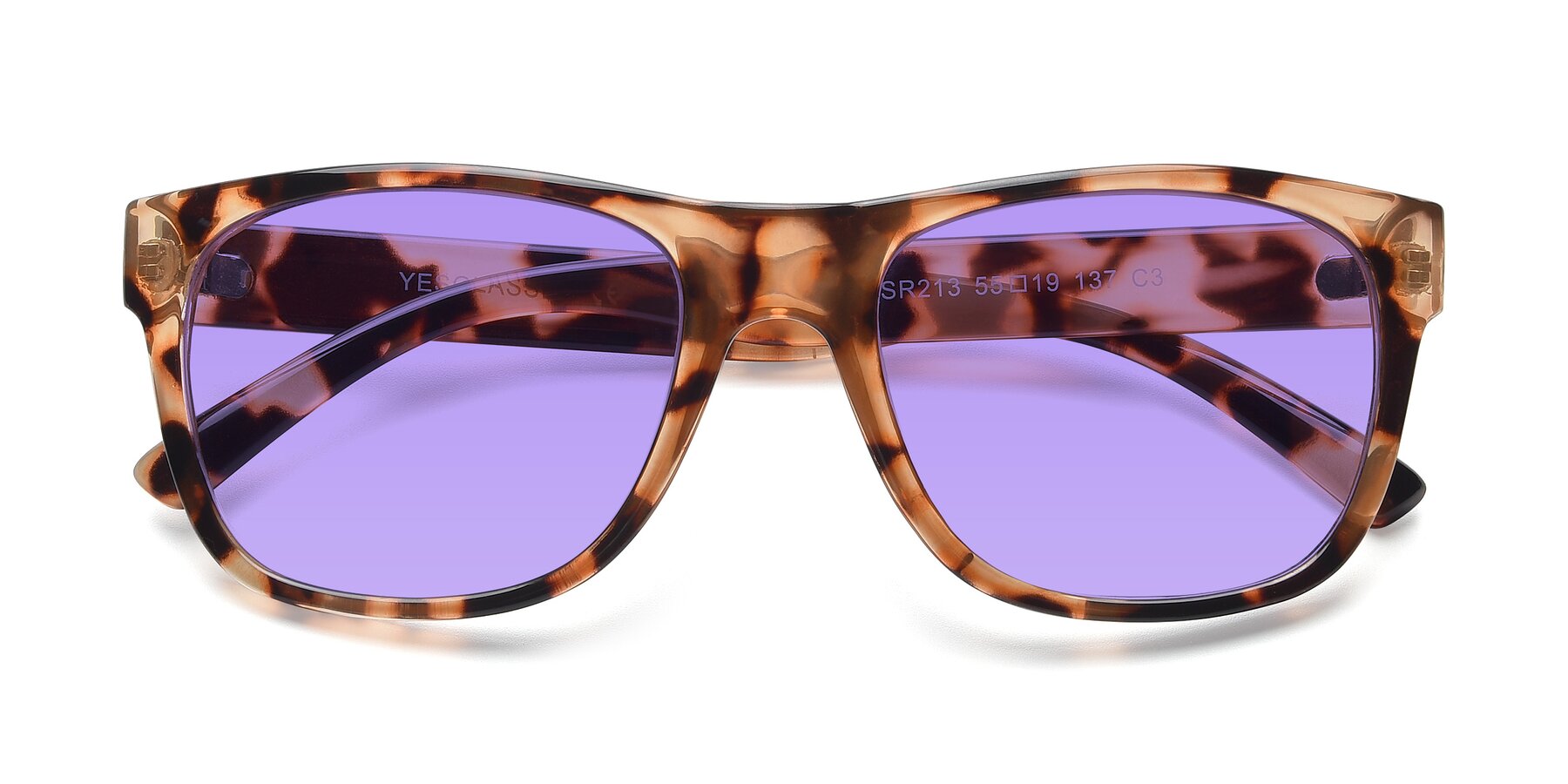Folded Front of SSR213 in Translucent Tortoise with Medium Purple Tinted Lenses
