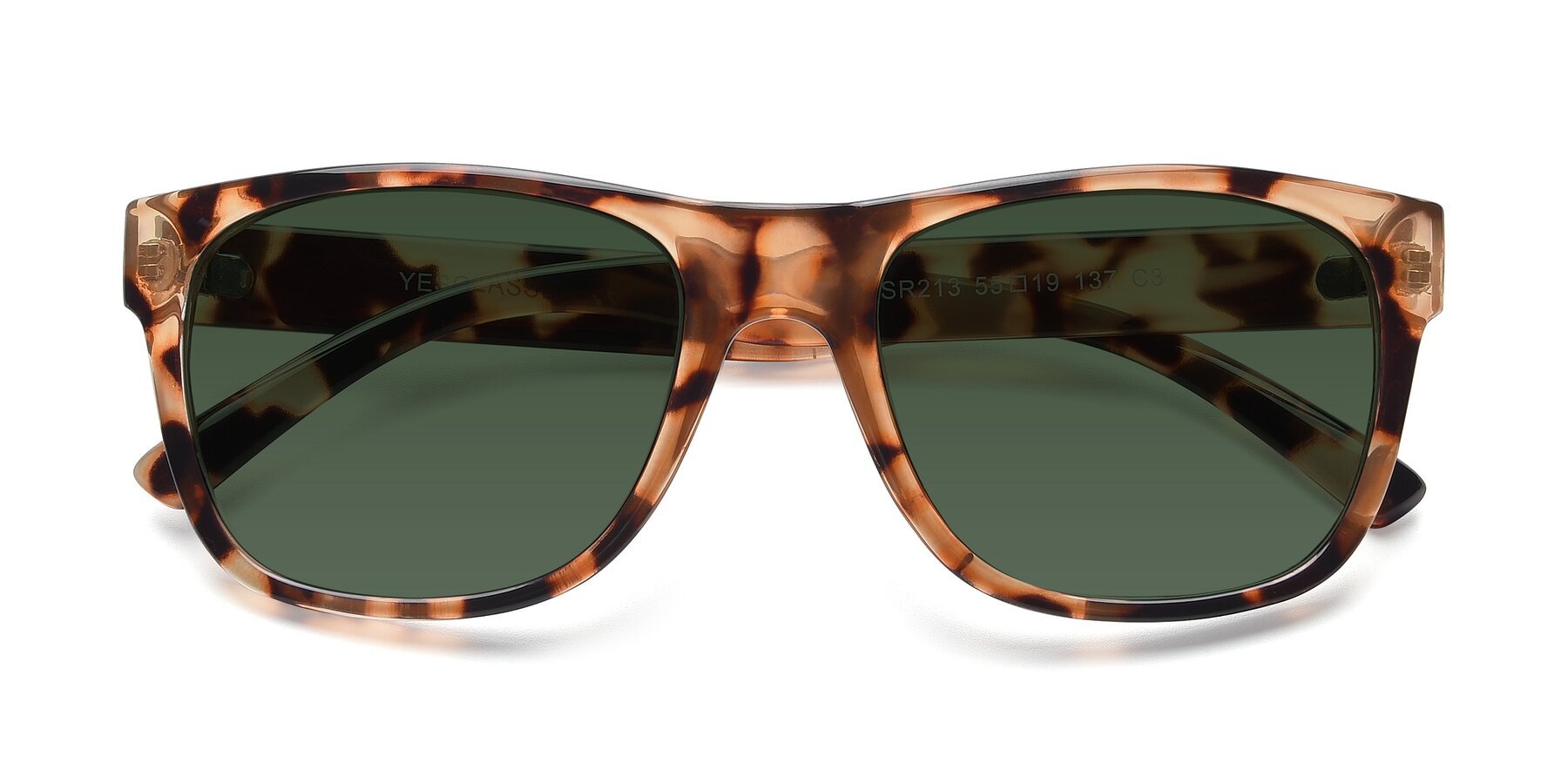 Folded Front of SSR213 in Translucent Tortoise with Green Tinted Lenses