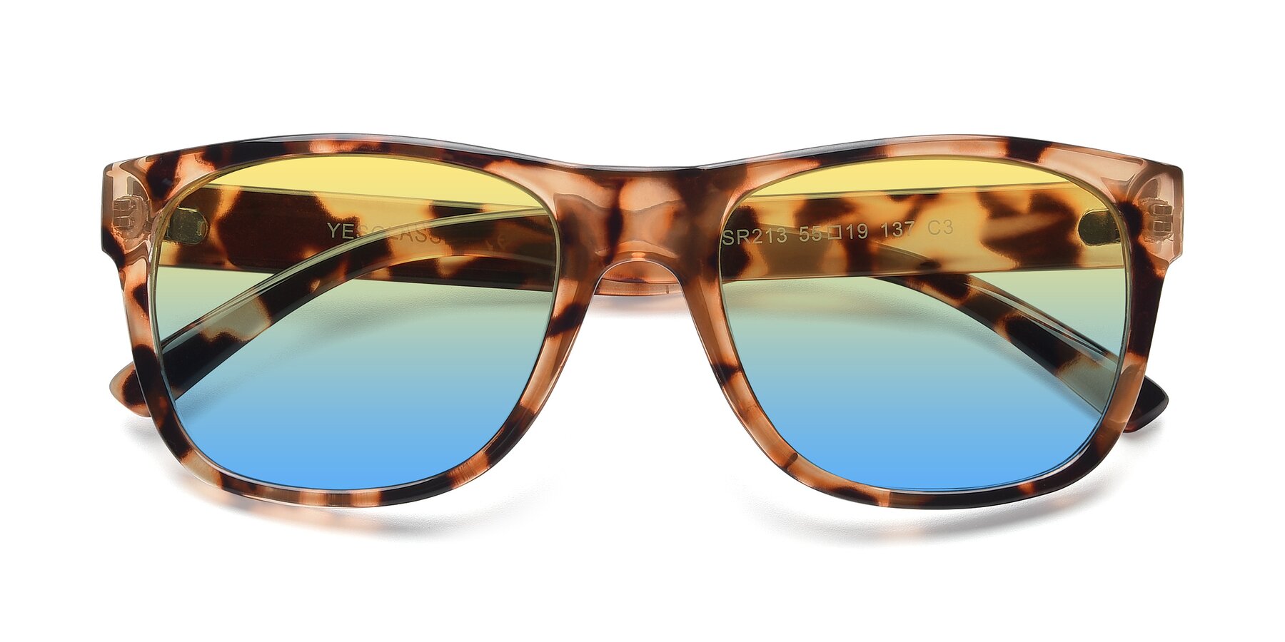 Folded Front of SSR213 in Translucent Tortoise with Yellow / Blue Gradient Lenses