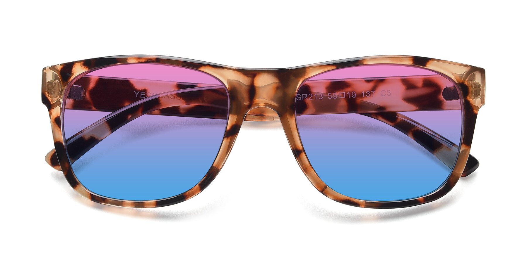 Folded Front of SSR213 in Translucent Tortoise with Pink / Blue Gradient Lenses