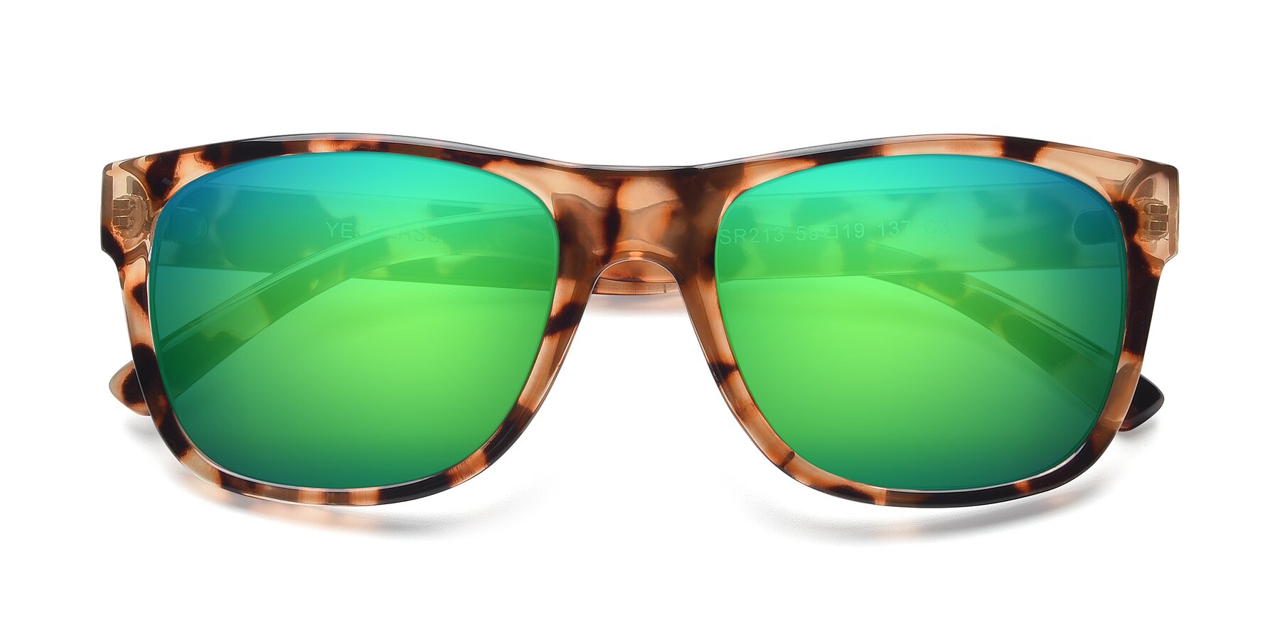 Folded Front of SSR213 in Translucent Tortoise with Green Mirrored Lenses