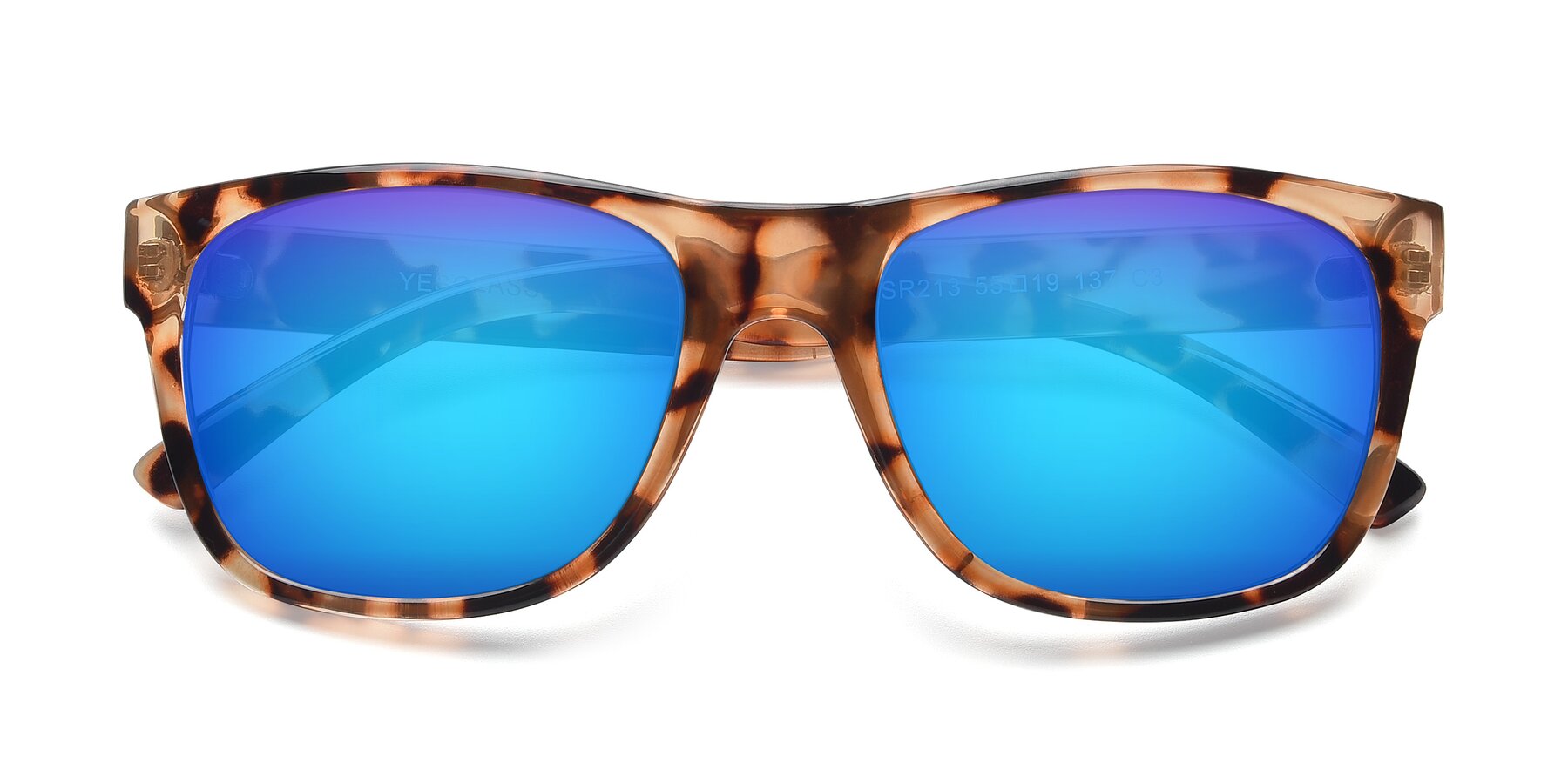 Folded Front of SSR213 in Translucent Tortoise with Blue Mirrored Lenses