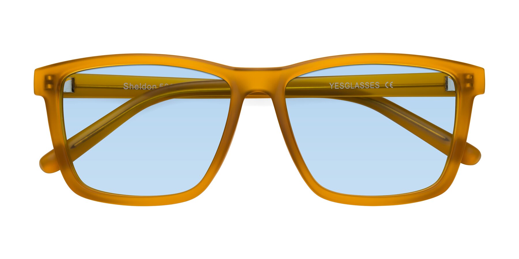 Folded Front of Sheldon in Pumpkin with Light Blue Tinted Lenses
