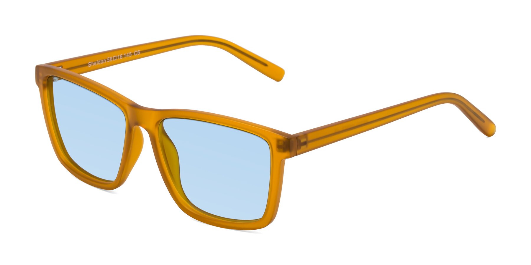 Angle of Sheldon in Pumpkin with Light Blue Tinted Lenses