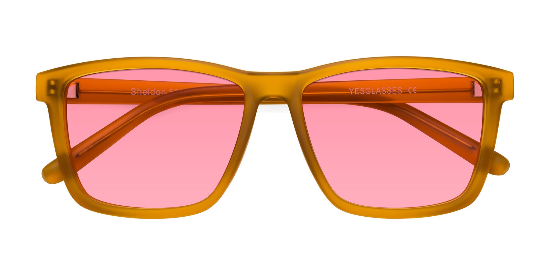 Folded Front of Sheldon in Pumpkin with Pink Tinted Lenses