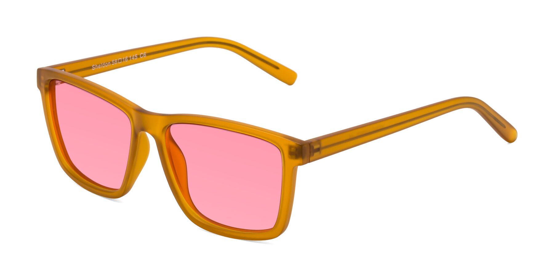 Angle of Sheldon in Pumpkin with Pink Tinted Lenses