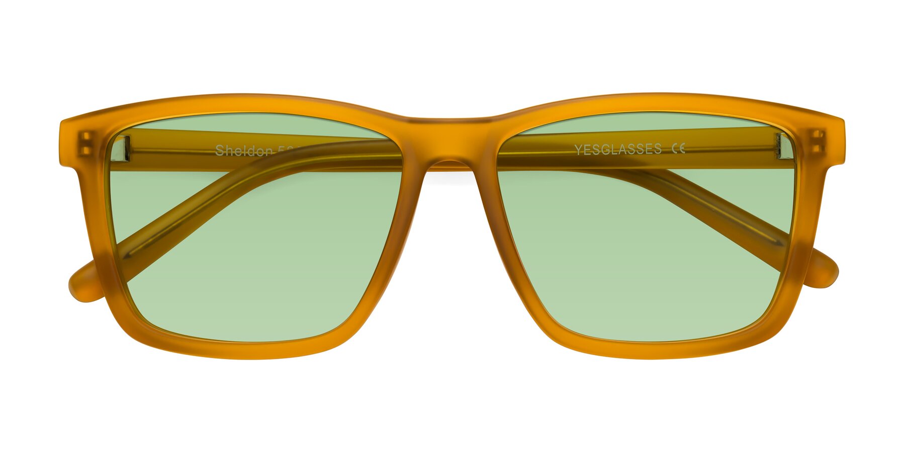 Folded Front of Sheldon in Pumpkin with Medium Green Tinted Lenses