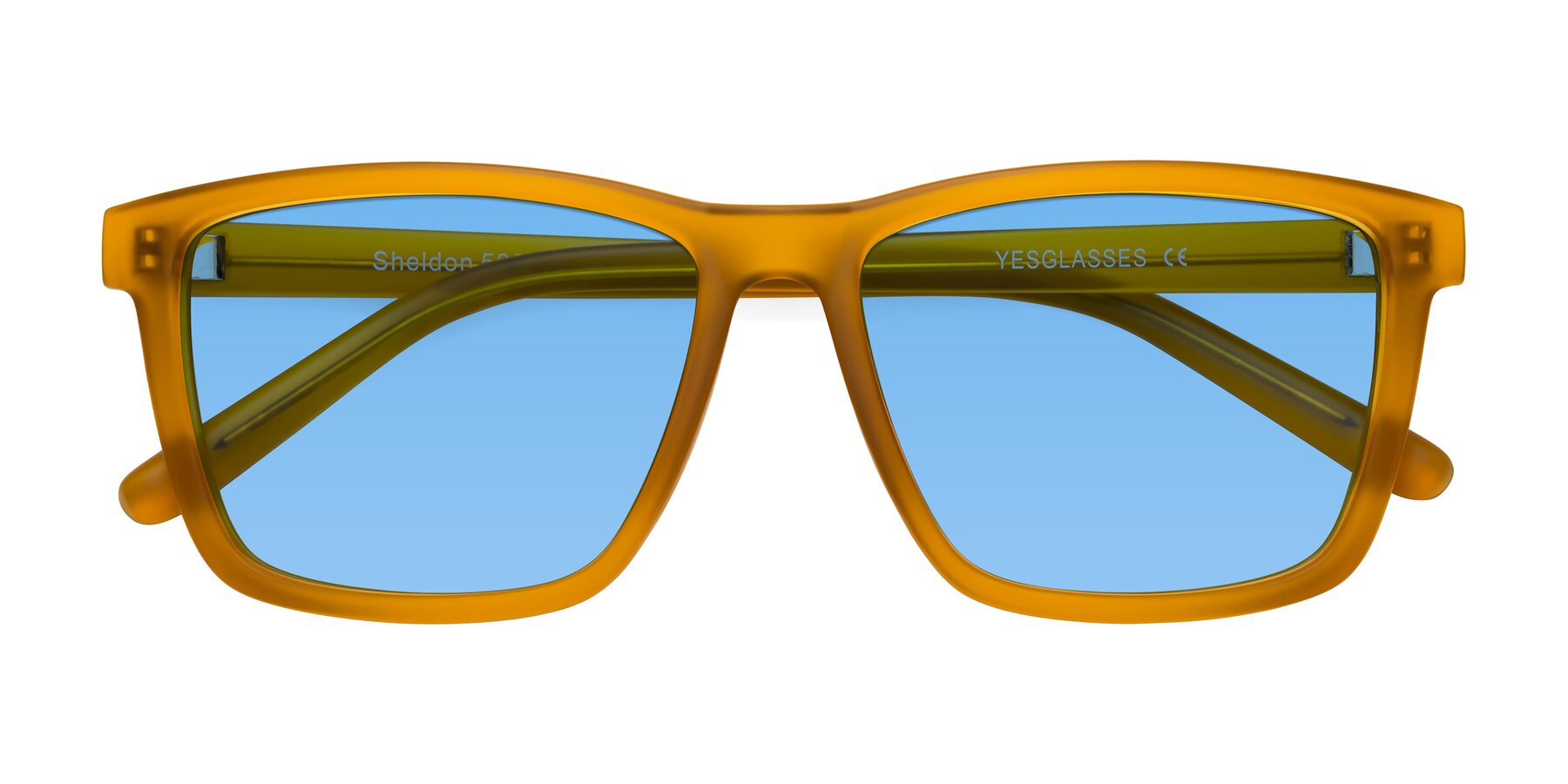 Folded Front of Sheldon in Pumpkin with Medium Blue Tinted Lenses