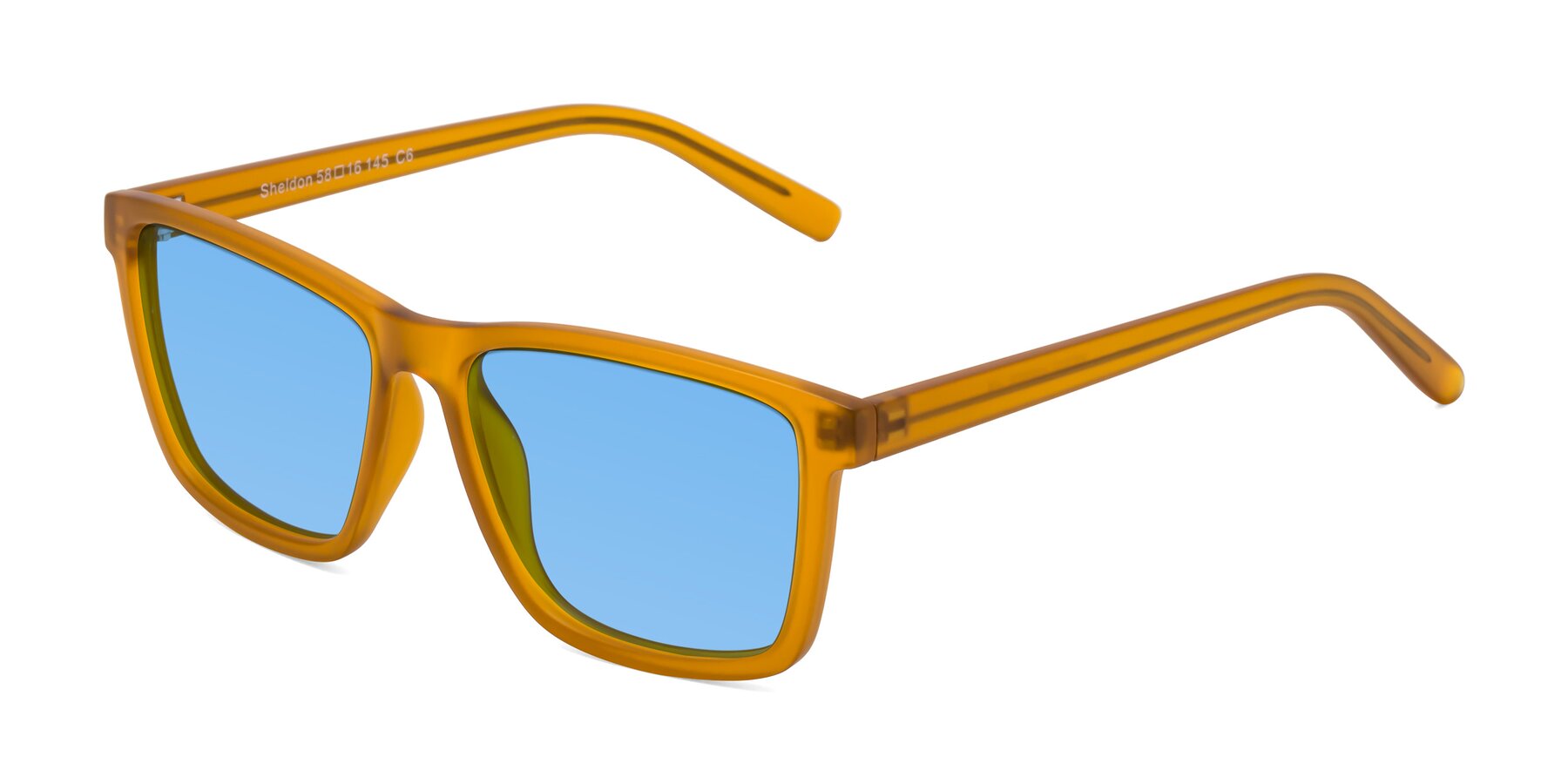 Angle of Sheldon in Pumpkin with Medium Blue Tinted Lenses