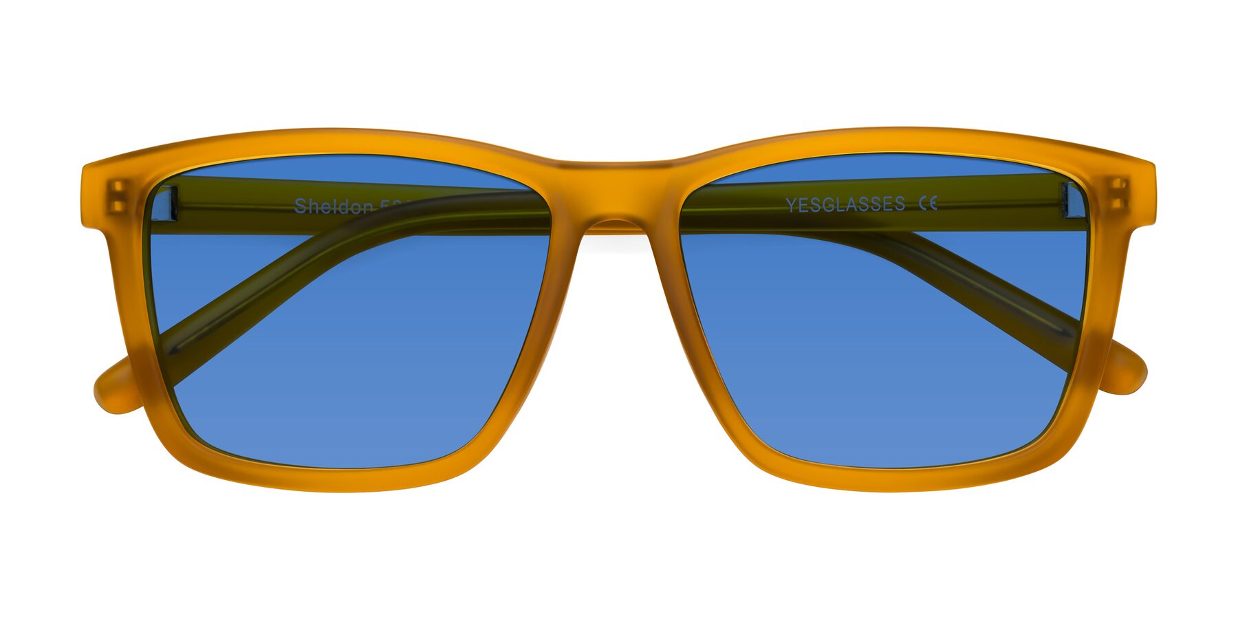 Folded Front of Sheldon in Pumpkin with Blue Tinted Lenses