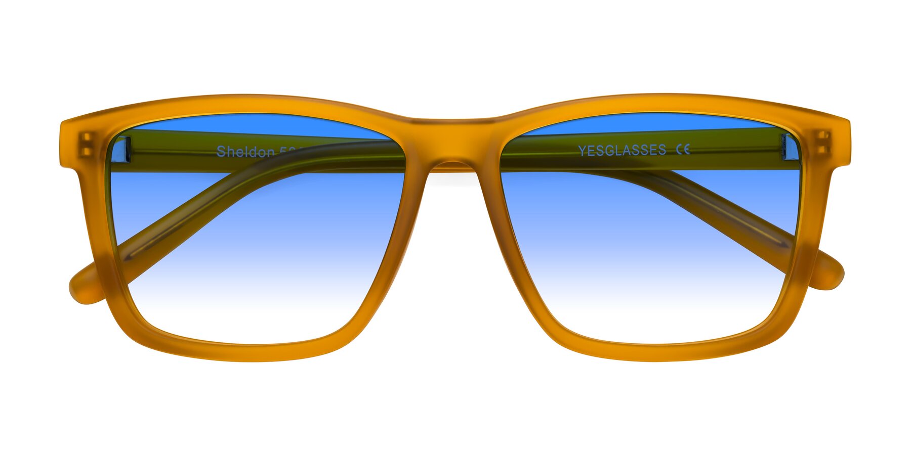 Folded Front of Sheldon in Pumpkin with Blue Gradient Lenses