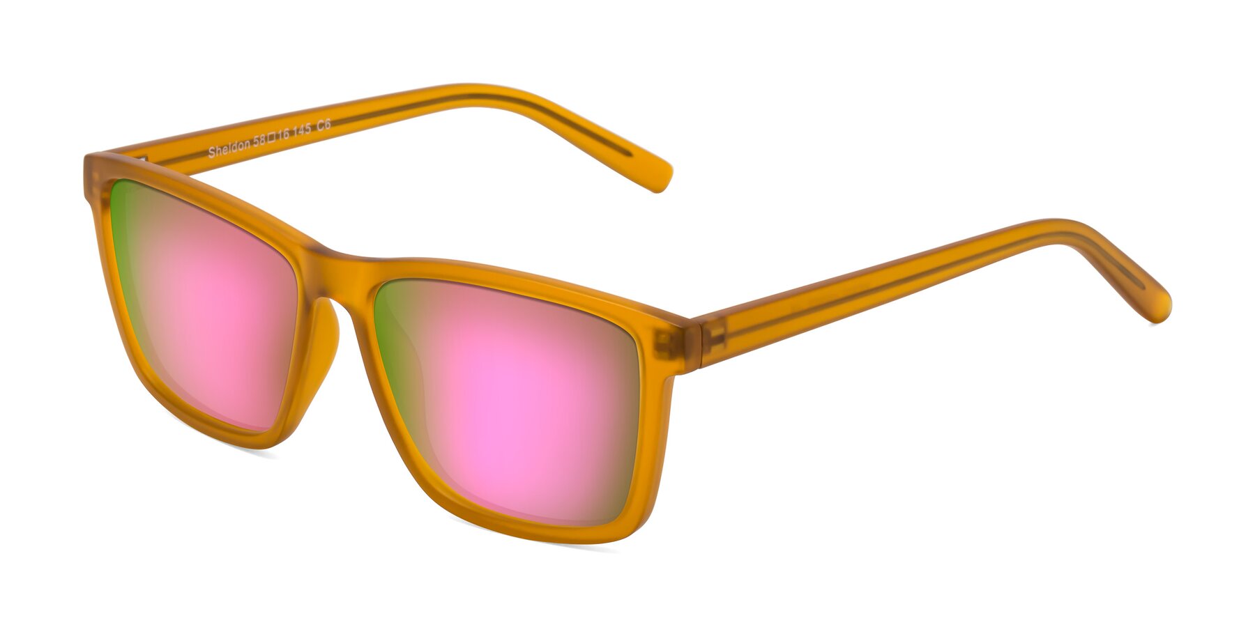 Angle of Sheldon in Pumpkin with Pink Mirrored Lenses