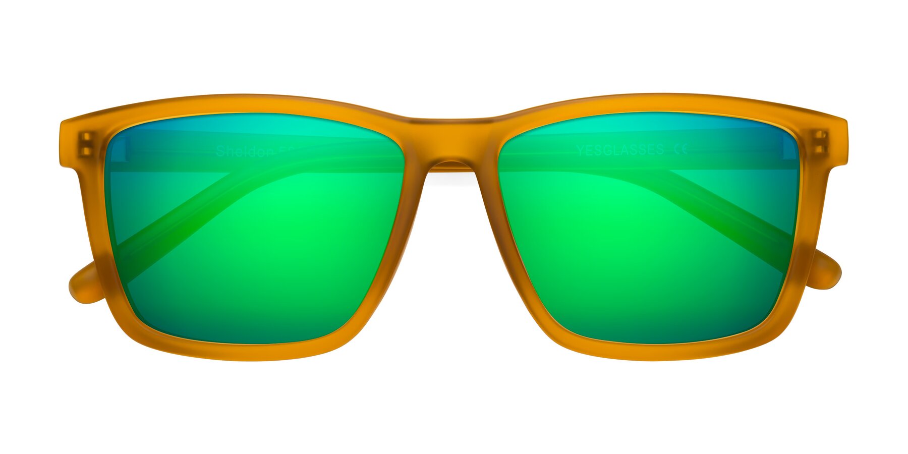 Folded Front of Sheldon in Pumpkin with Green Mirrored Lenses