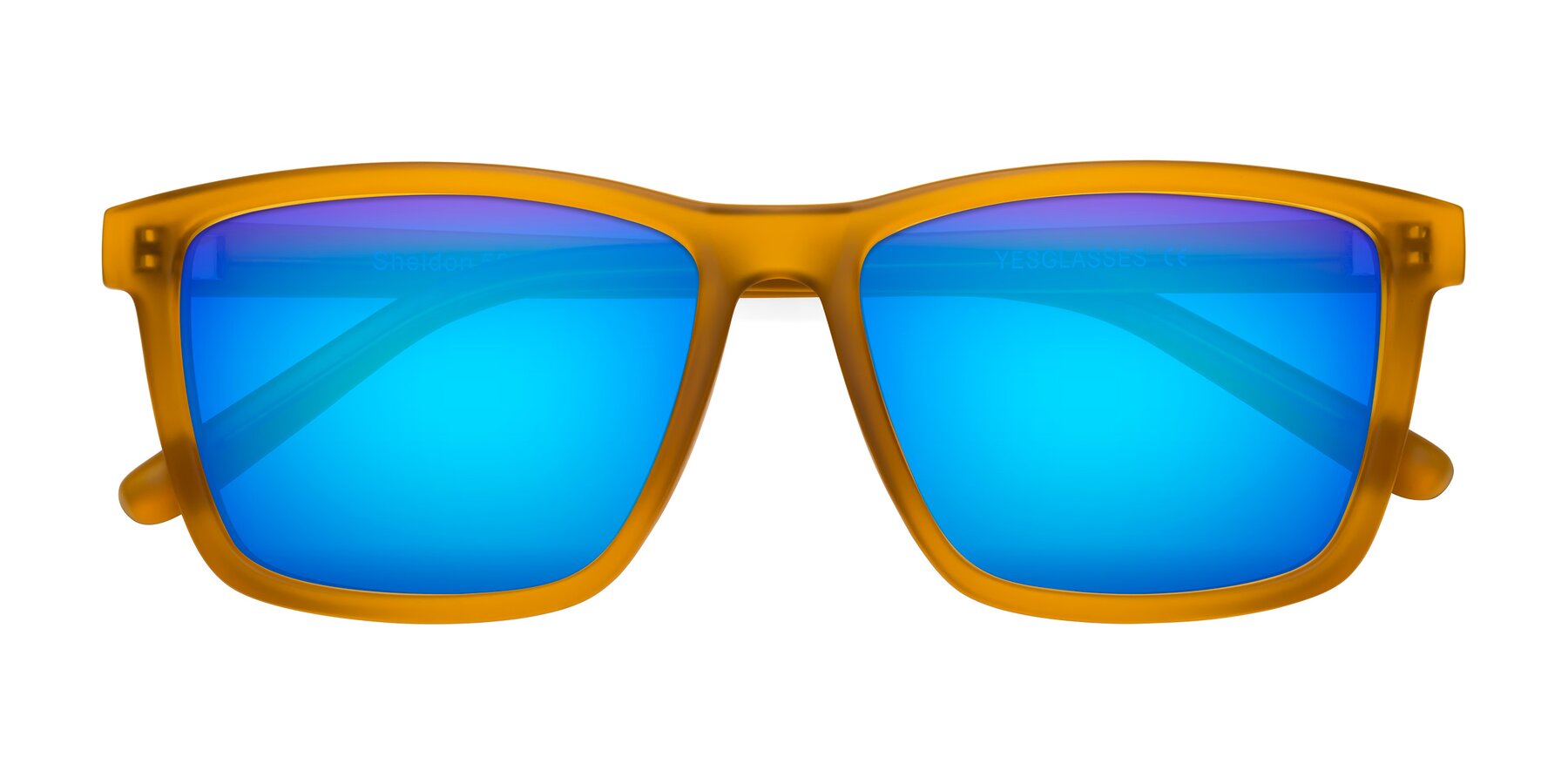 Folded Front of Sheldon in Pumpkin with Blue Mirrored Lenses