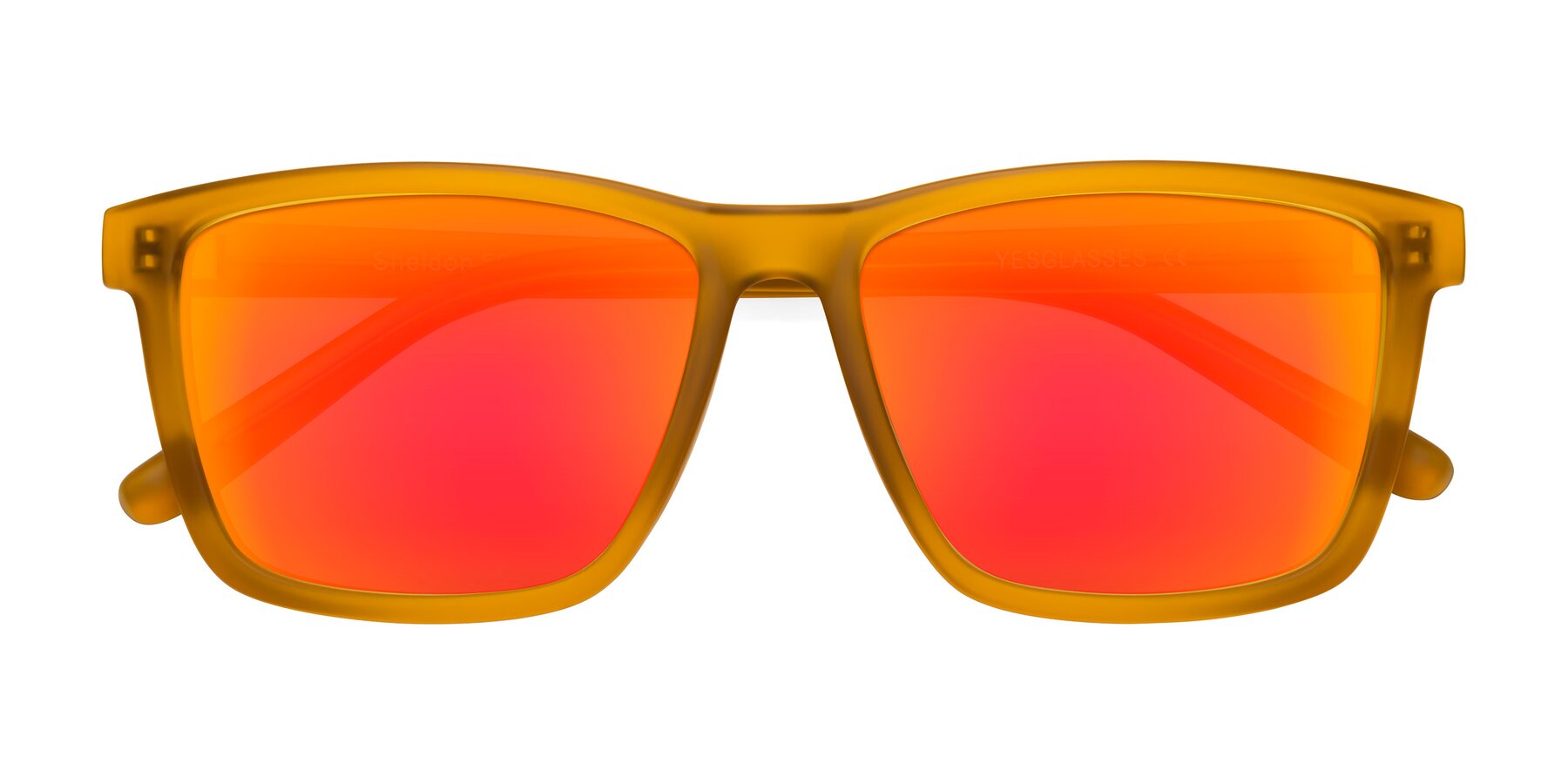 Folded Front of Sheldon in Pumpkin with Red Gold Mirrored Lenses