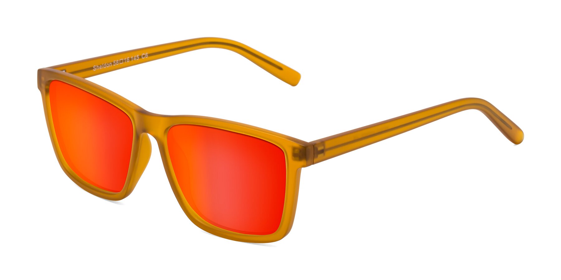 Angle of Sheldon in Pumpkin with Red Gold Mirrored Lenses