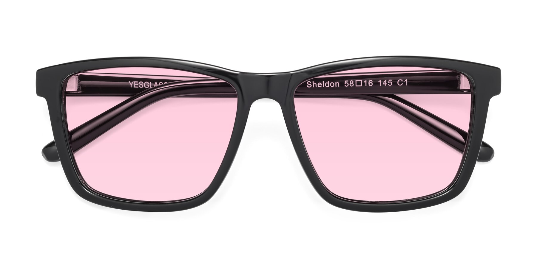 Folded Front of Sheldon in Black with Light Pink Tinted Lenses