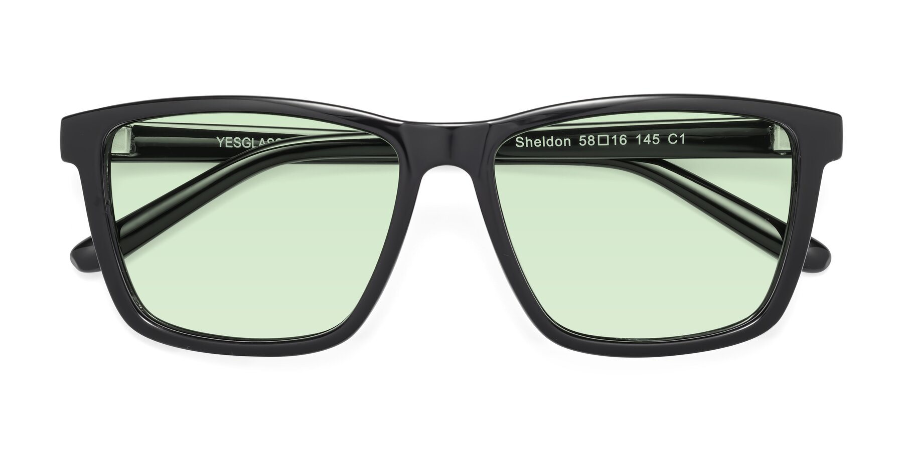 Folded Front of Sheldon in Black with Light Green Tinted Lenses
