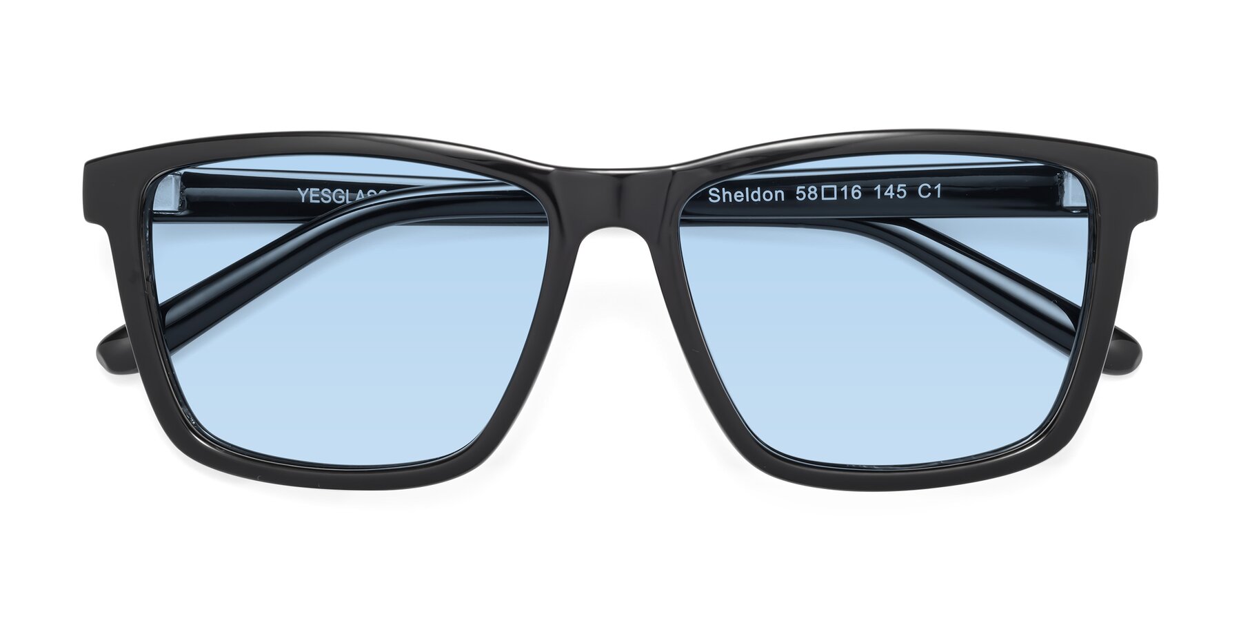Folded Front of Sheldon in Black with Light Blue Tinted Lenses