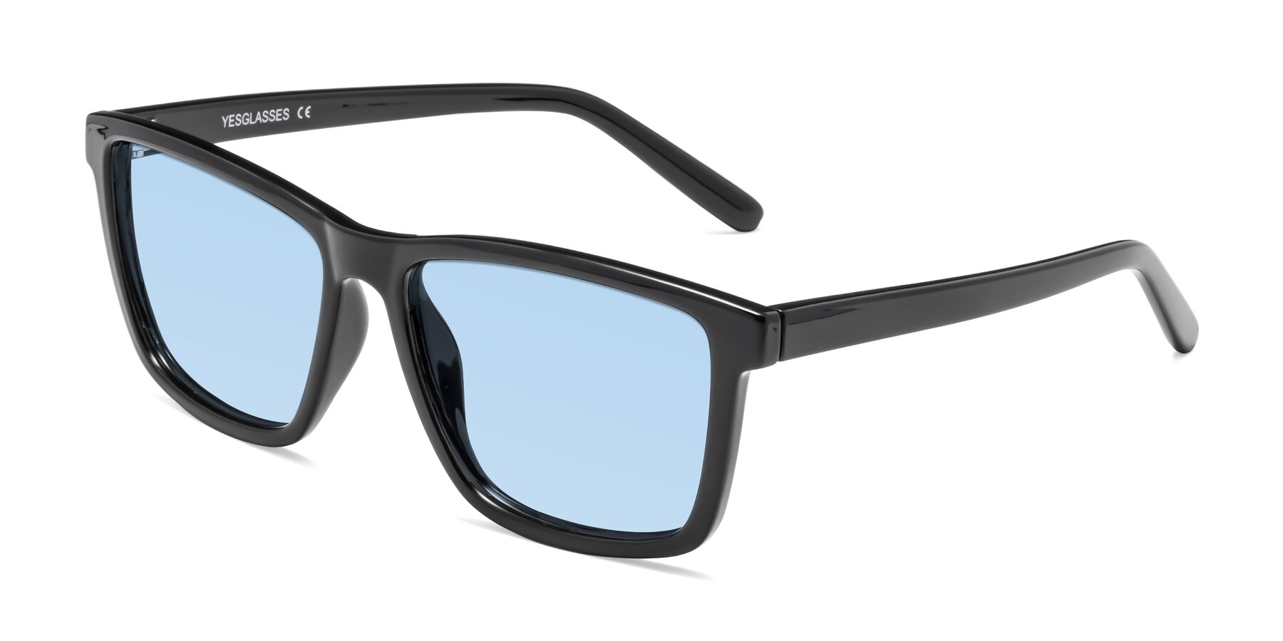 Angle of Sheldon in Black with Light Blue Tinted Lenses