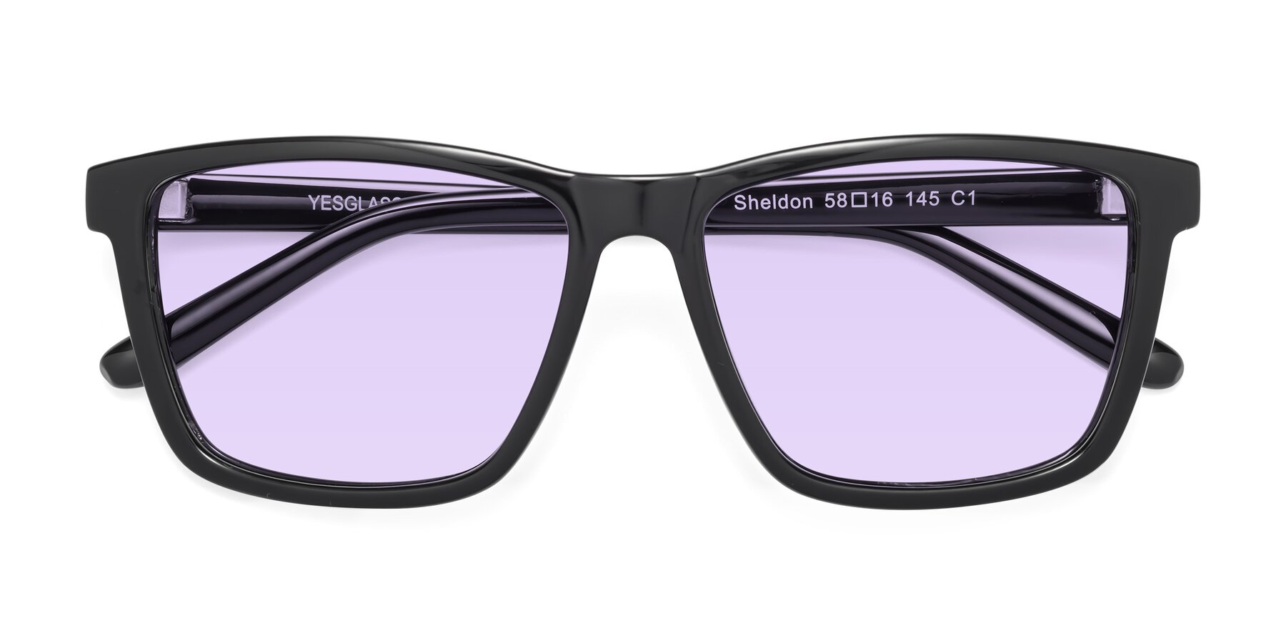 Folded Front of Sheldon in Black with Light Purple Tinted Lenses