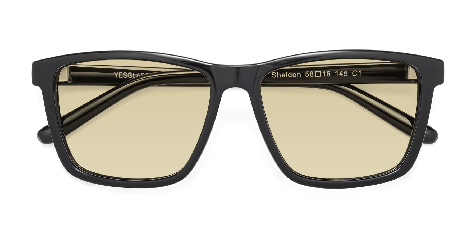 Folded Front of Sheldon in Black with Light Champagne Tinted Lenses