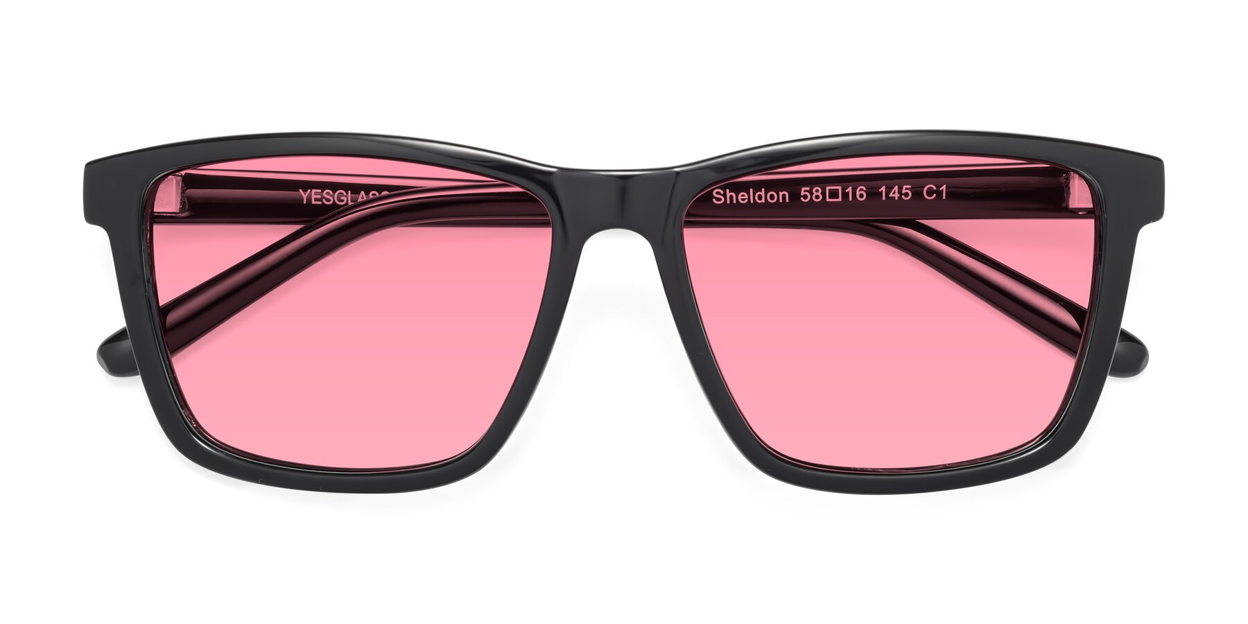 Folded Front of Sheldon in Black with Pink Tinted Lenses