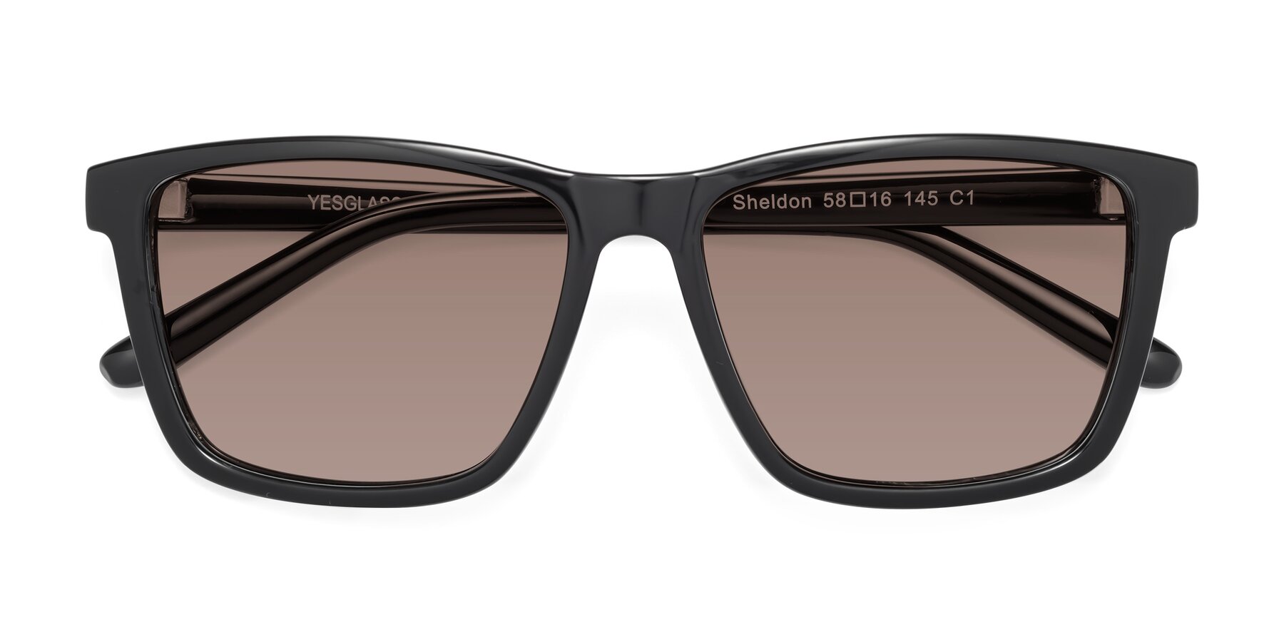 Folded Front of Sheldon in Black with Medium Brown Tinted Lenses