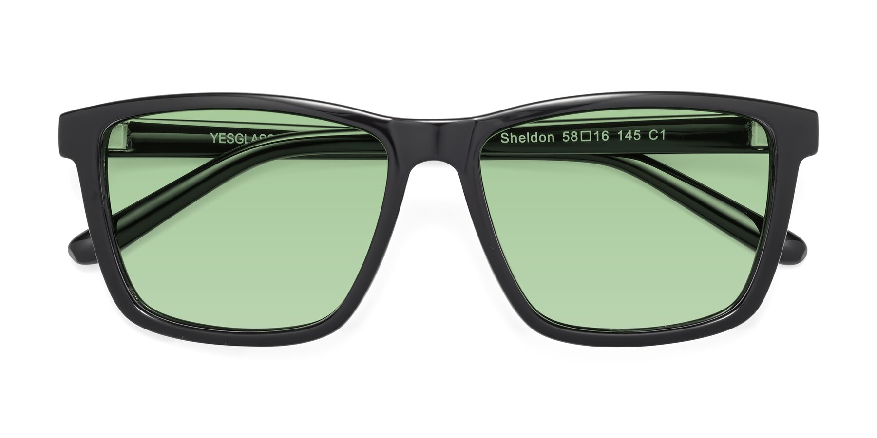 Folded Front of Sheldon in Black with Medium Green Tinted Lenses