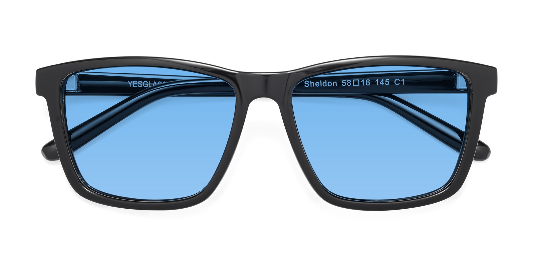 Folded Front of Sheldon in Black with Medium Blue Tinted Lenses