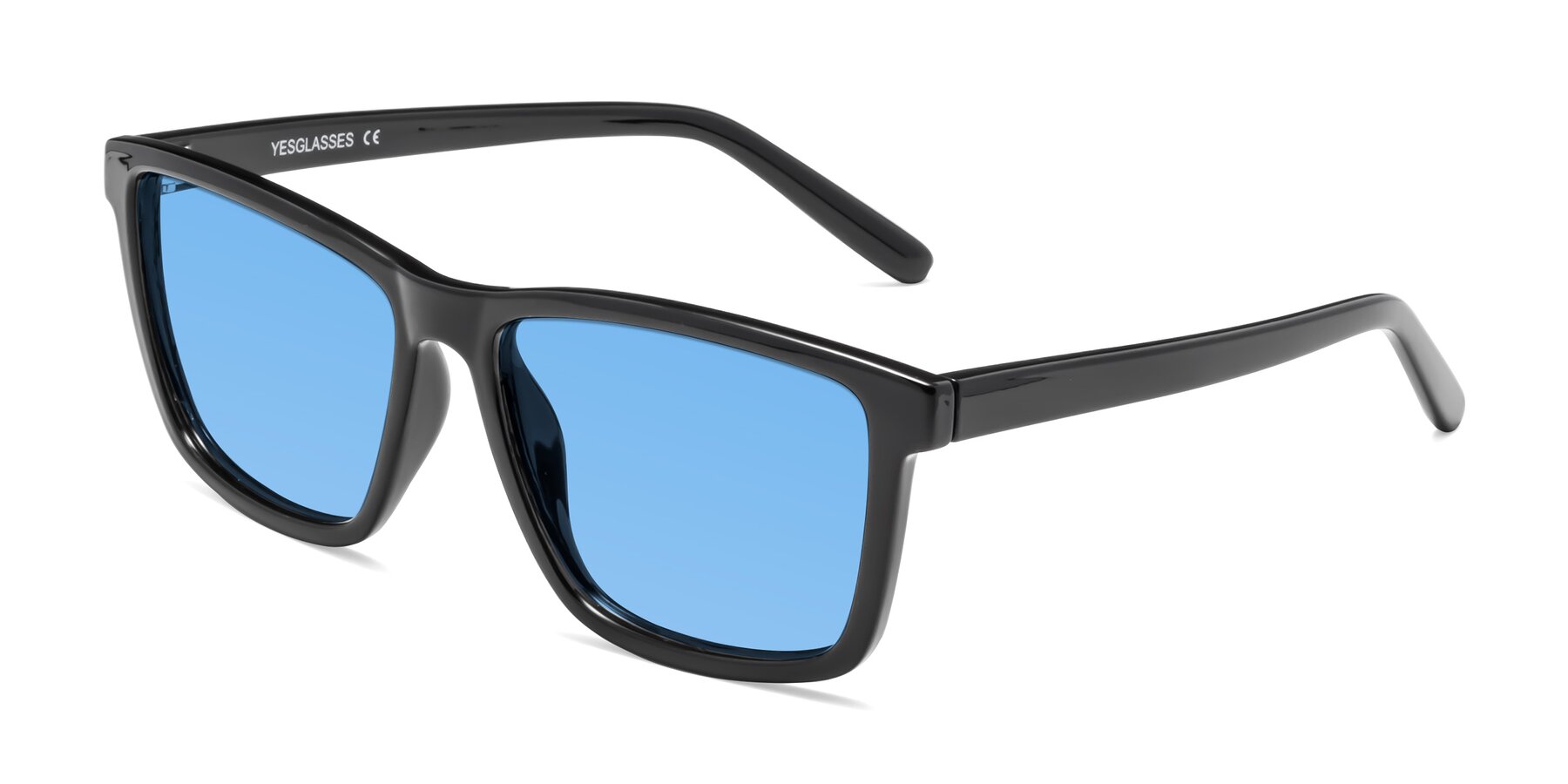 Angle of Sheldon in Black with Medium Blue Tinted Lenses