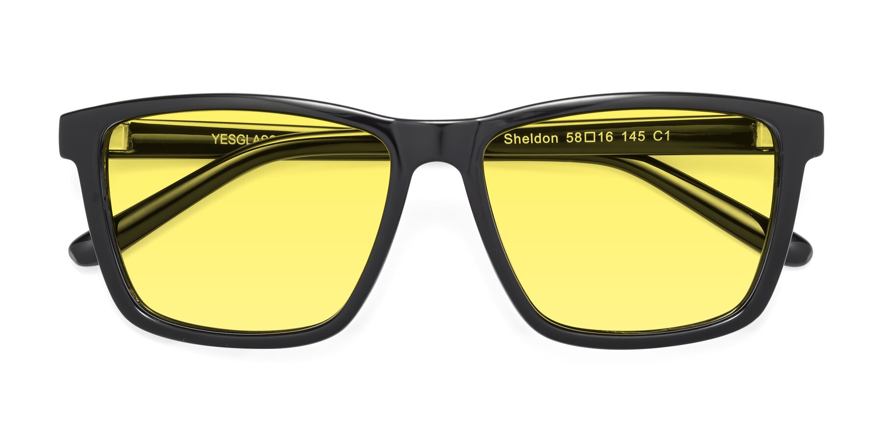 Folded Front of Sheldon in Black with Medium Yellow Tinted Lenses