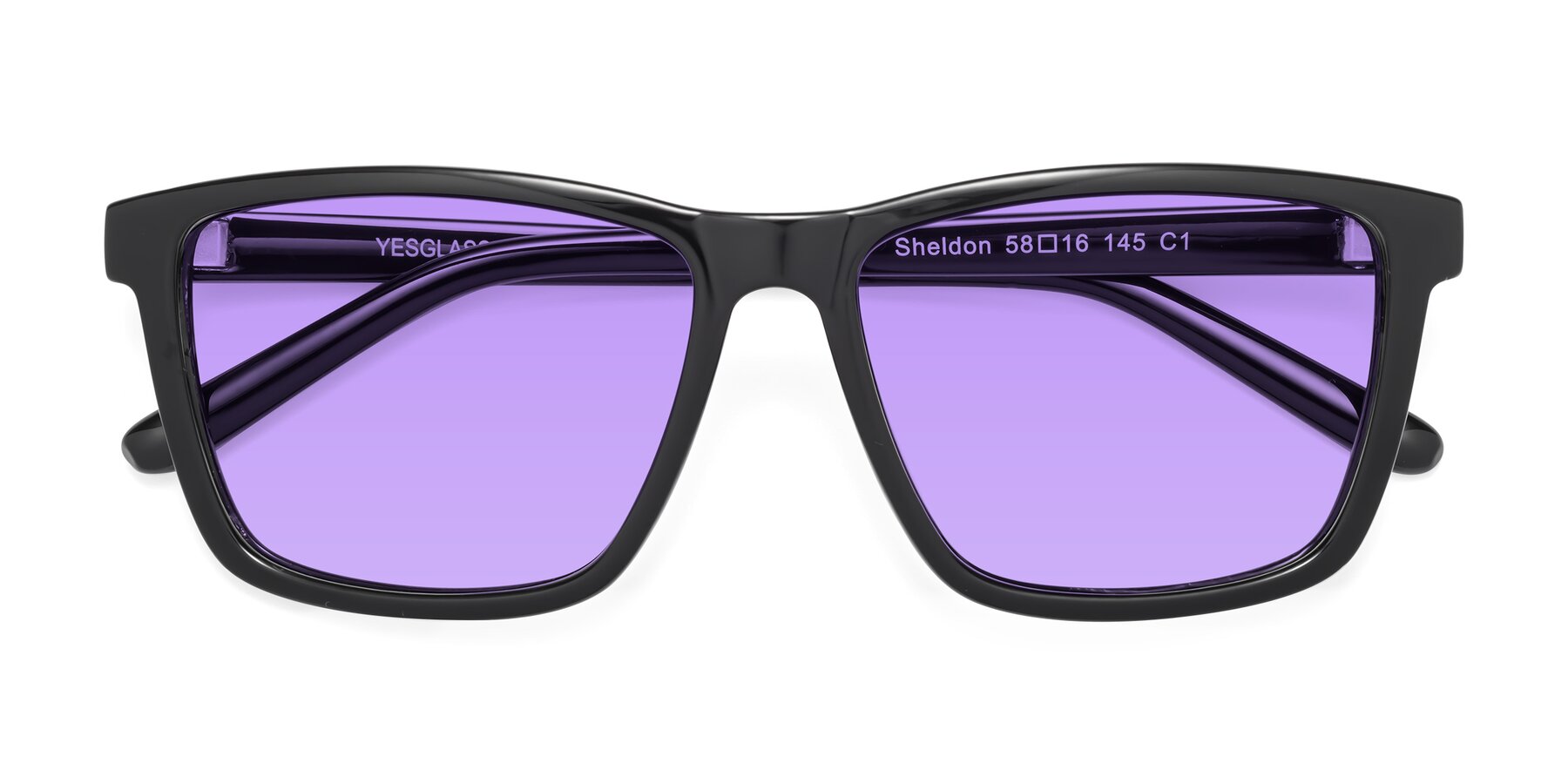 Folded Front of Sheldon in Black with Medium Purple Tinted Lenses