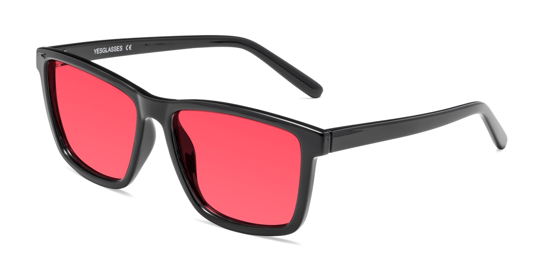 Angle of Sheldon in Black with Red Tinted Lenses