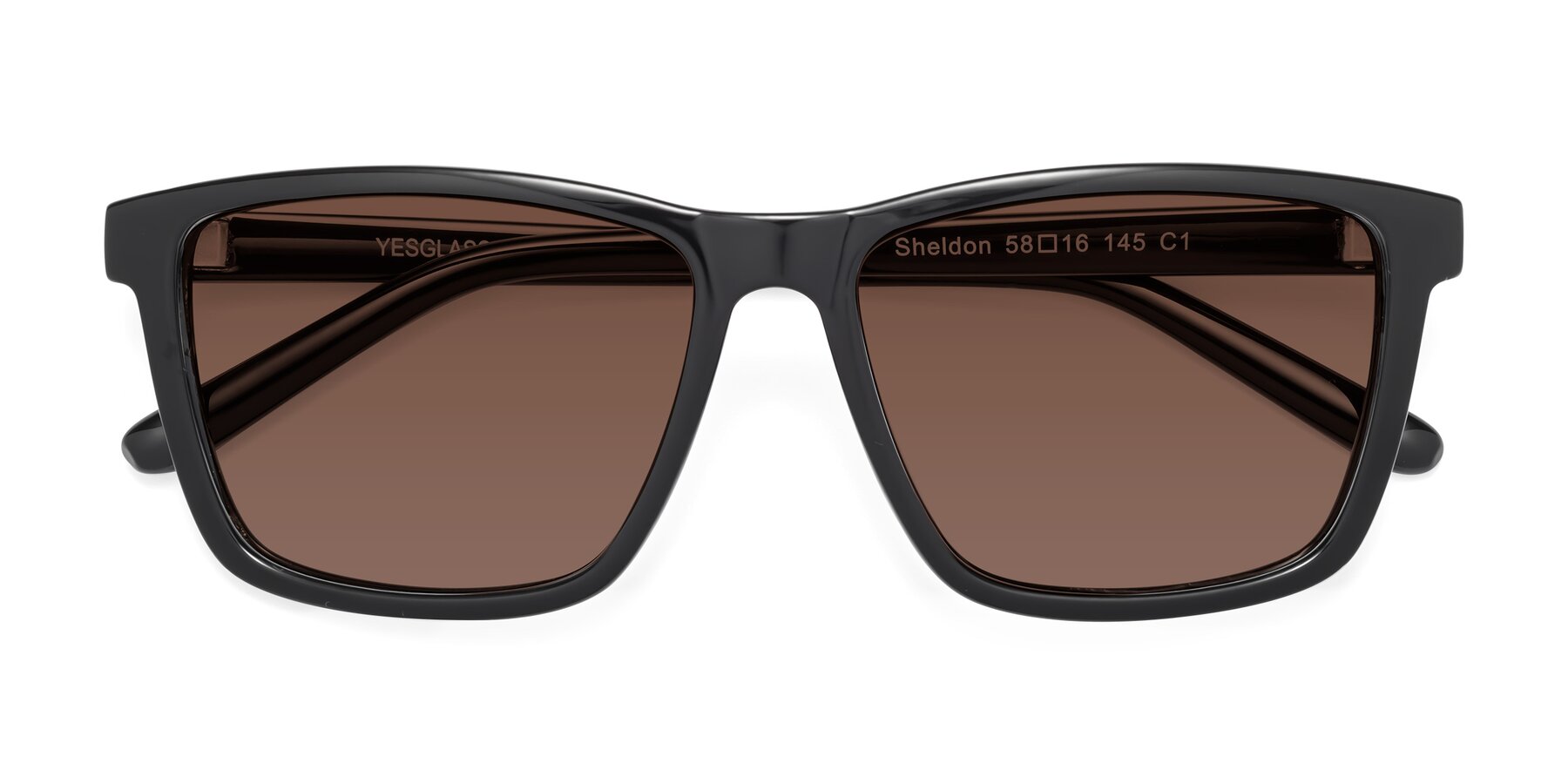 Folded Front of Sheldon in Black with Brown Tinted Lenses