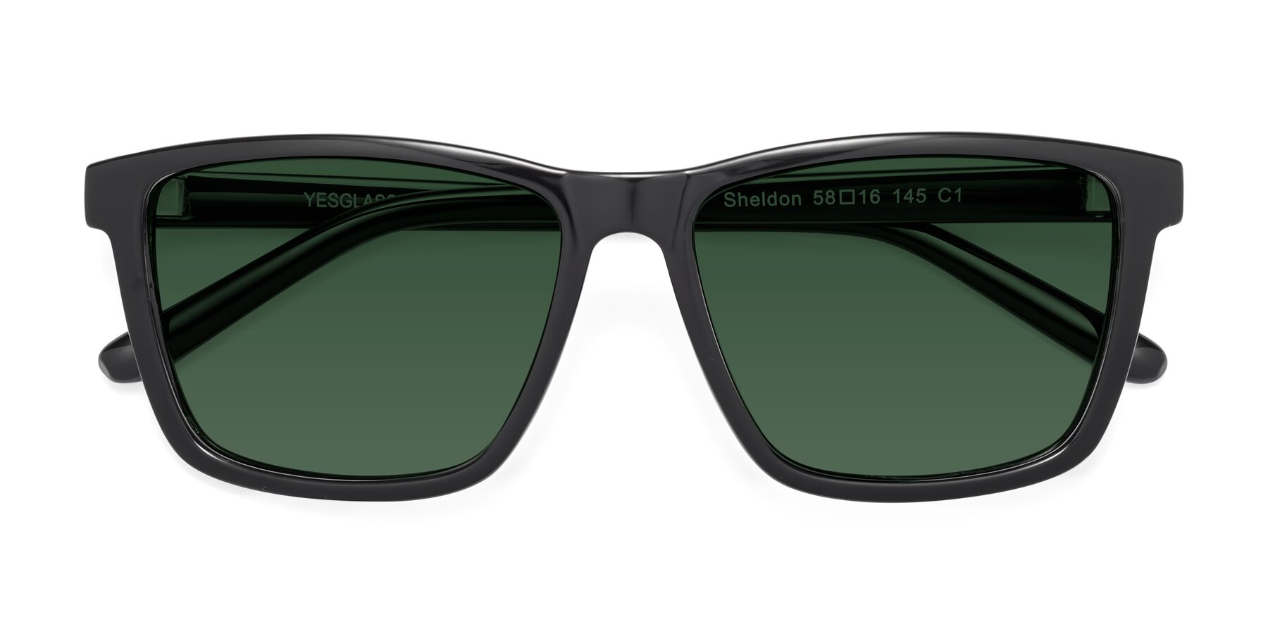 Folded Front of Sheldon in Black with Green Tinted Lenses