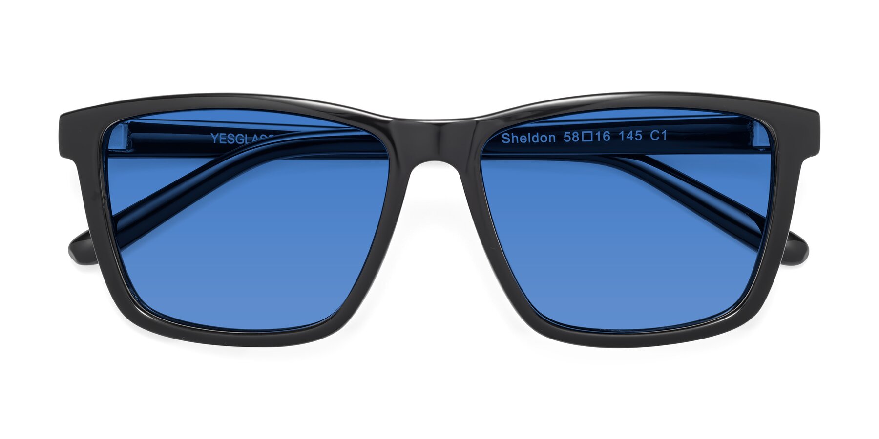 Folded Front of Sheldon in Black with Blue Tinted Lenses