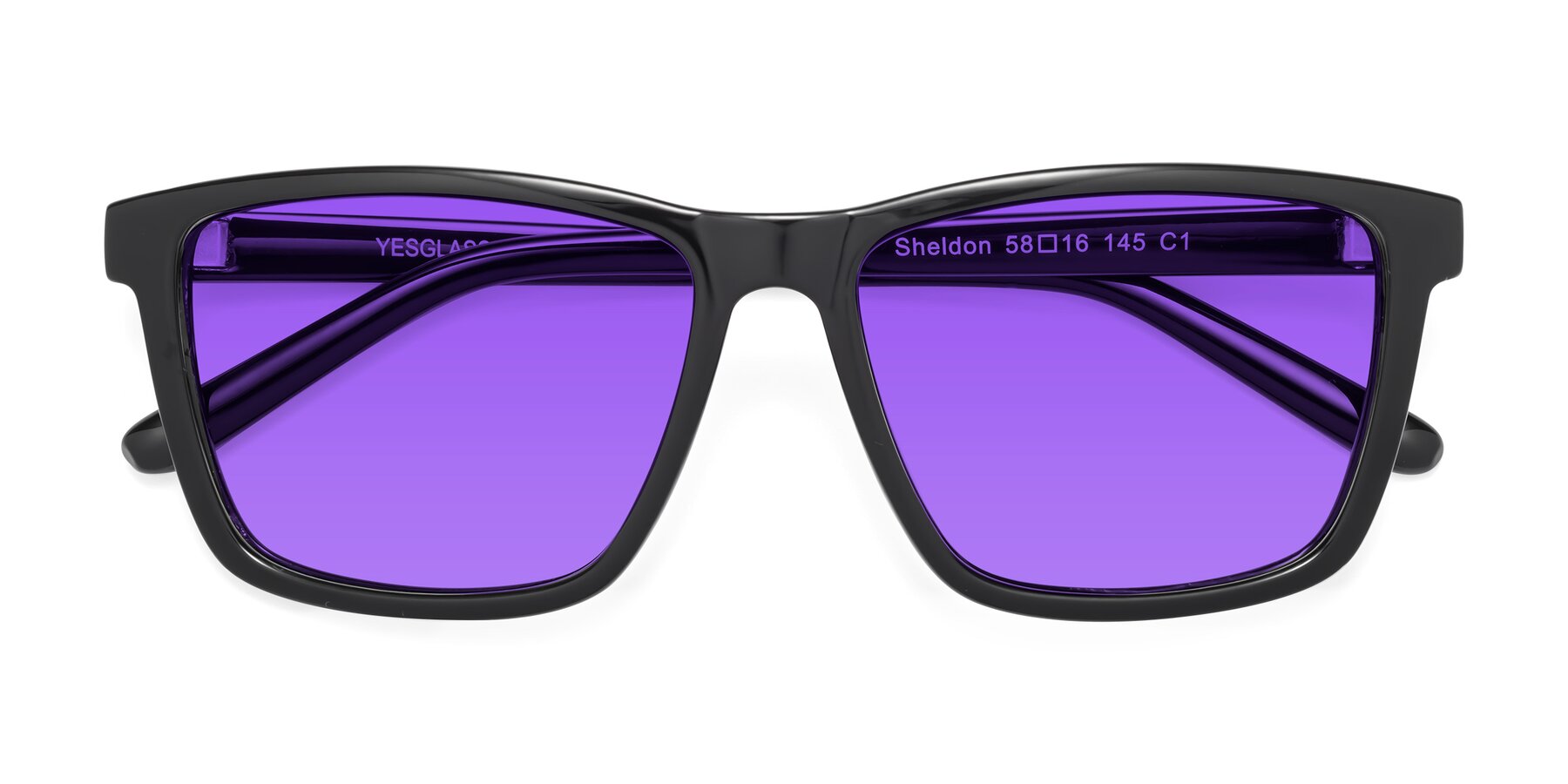 Folded Front of Sheldon in Black with Purple Tinted Lenses