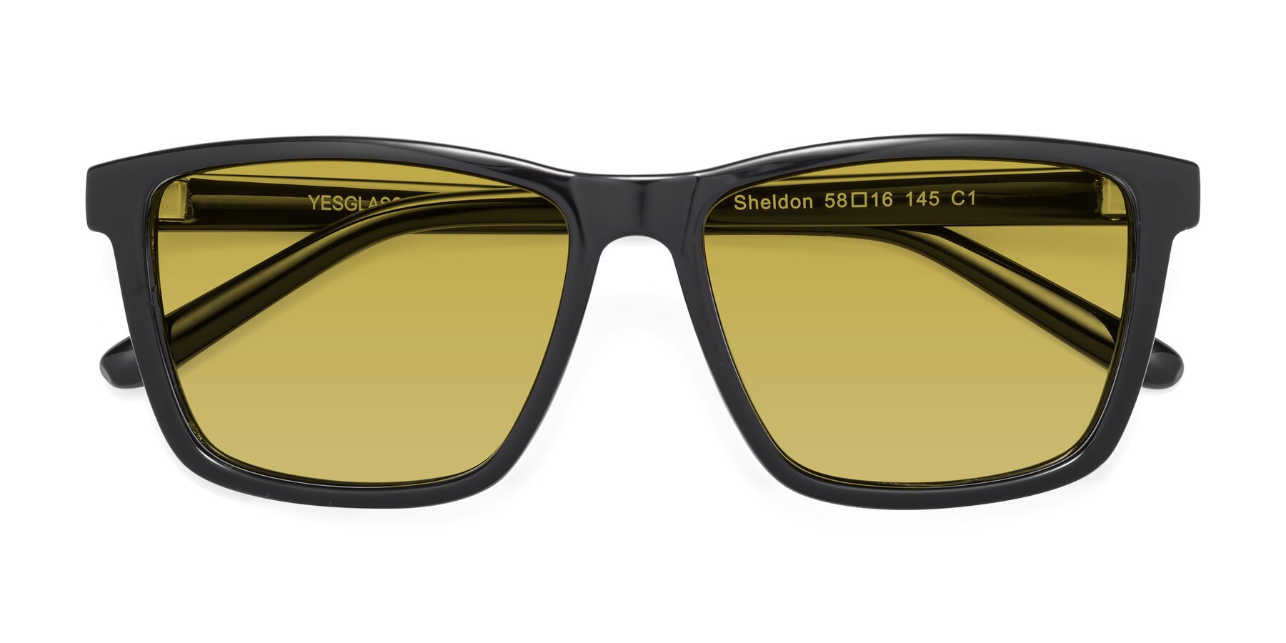 Folded Front of Sheldon in Black with Champagne Tinted Lenses