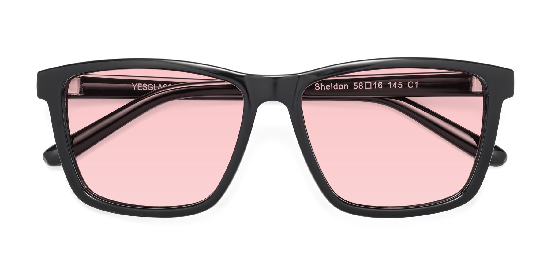 Folded Front of Sheldon in Black with Light Garnet Tinted Lenses