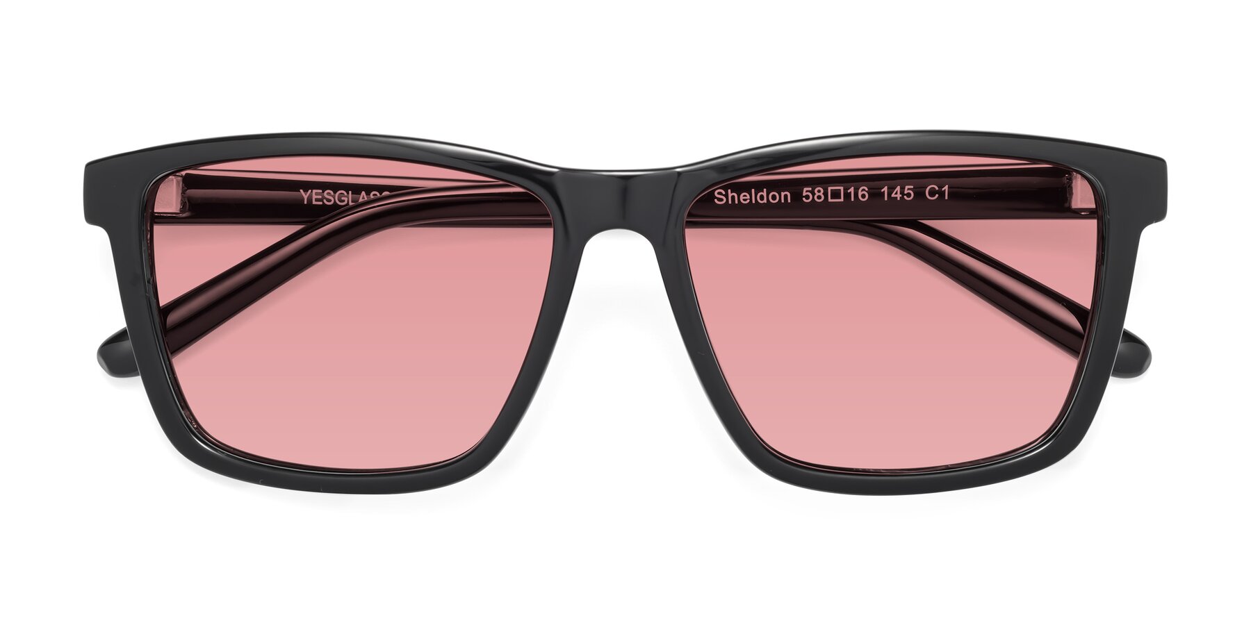 Folded Front of Sheldon in Black with Medium Garnet Tinted Lenses