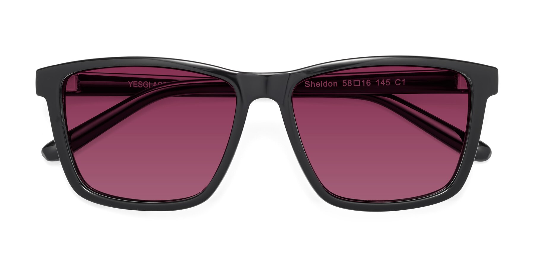 Folded Front of Sheldon in Black with Wine Tinted Lenses