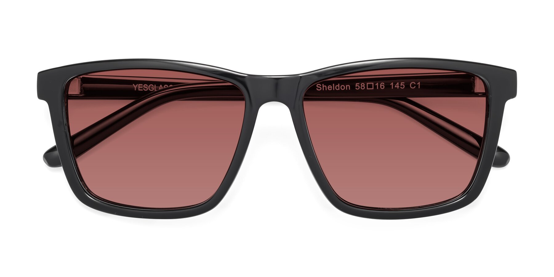 Folded Front of Sheldon in Black with Garnet Tinted Lenses