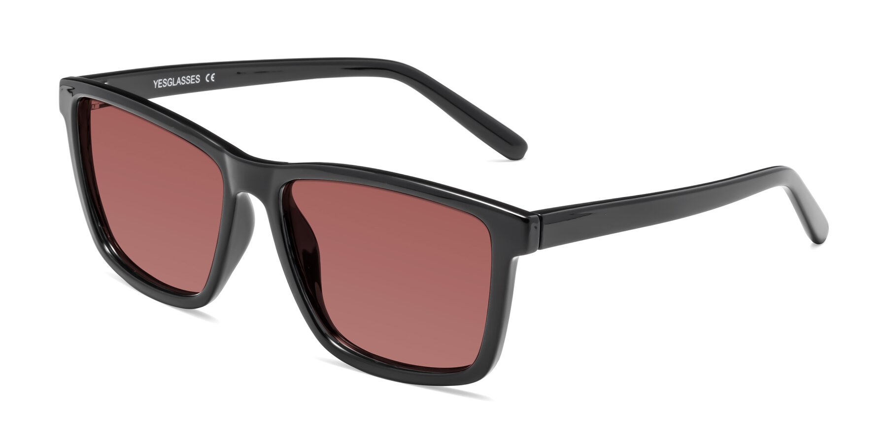 Angle of Sheldon in Black with Garnet Tinted Lenses