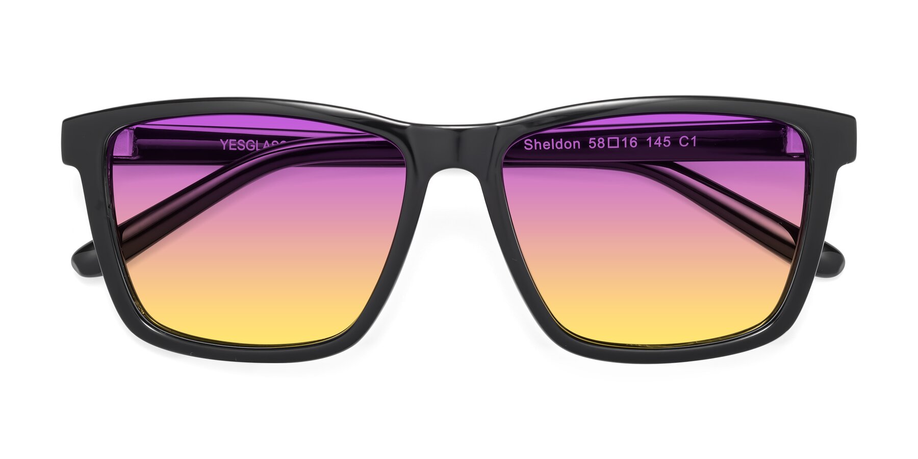 Folded Front of Sheldon in Black with Purple / Yellow Gradient Lenses