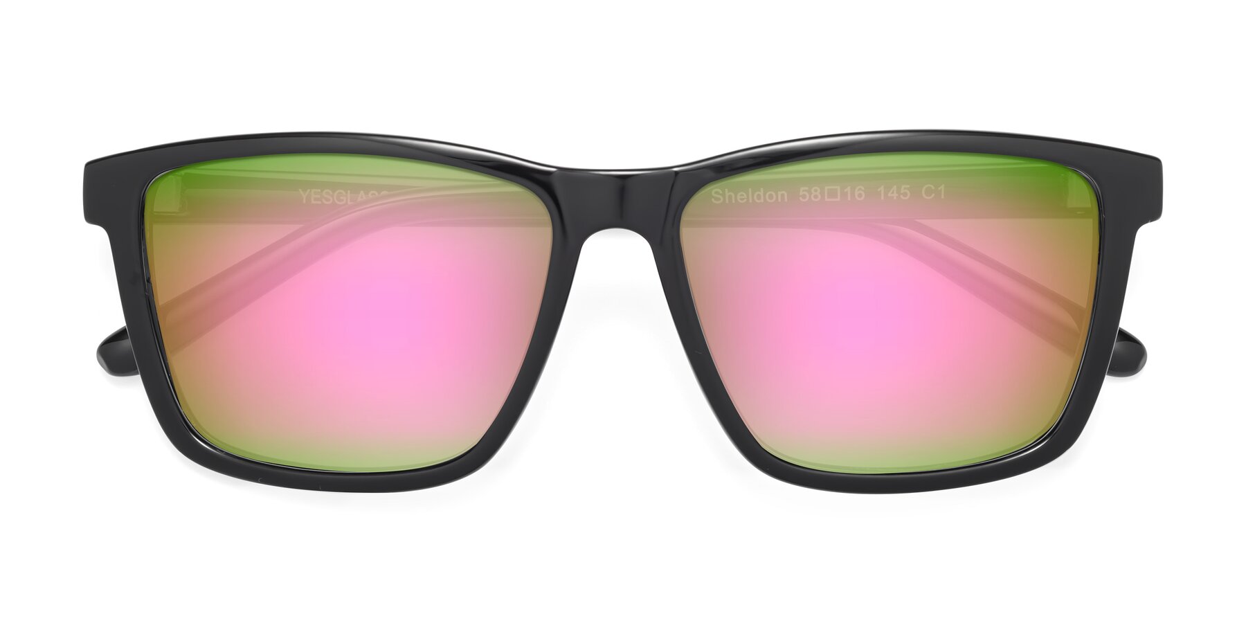 Folded Front of Sheldon in Black with Pink Mirrored Lenses