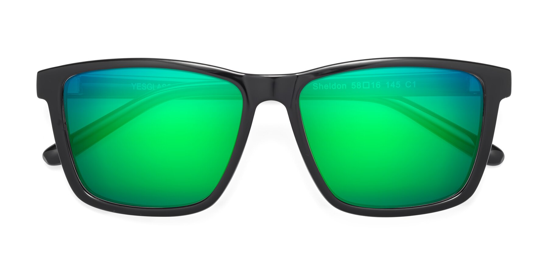Folded Front of Sheldon in Black with Green Mirrored Lenses