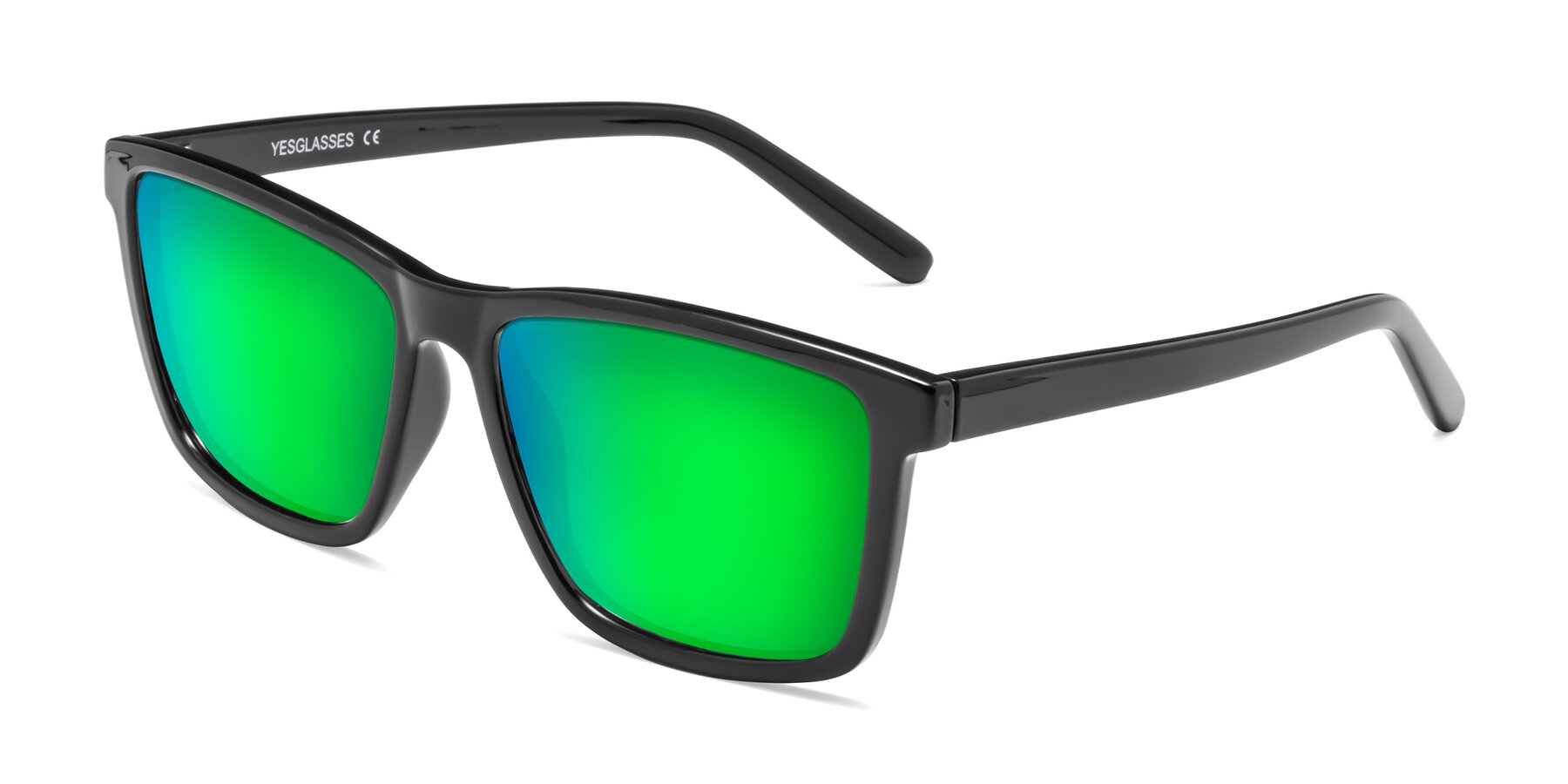 Angle of Sheldon in Black with Green Mirrored Lenses