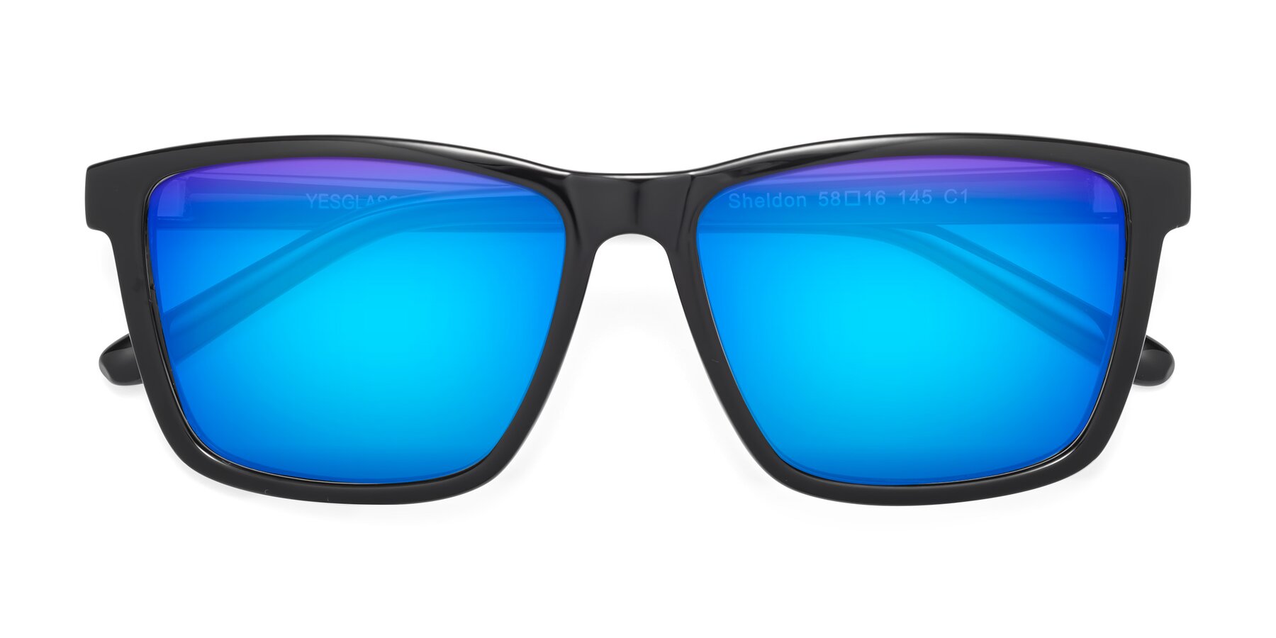Folded Front of Sheldon in Black with Blue Mirrored Lenses